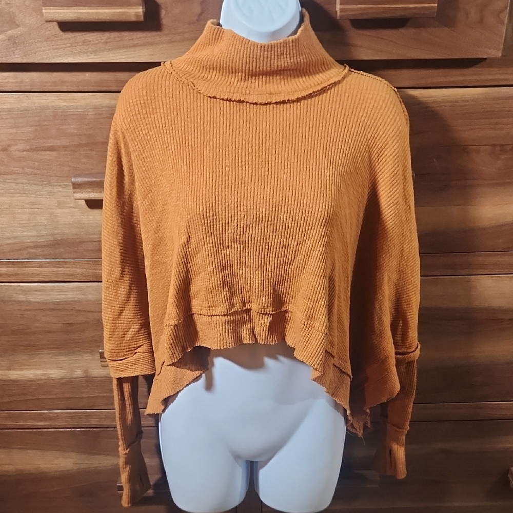 We The Free Orange Ribbed Boho Long Sleeve Mock Neck Top XS